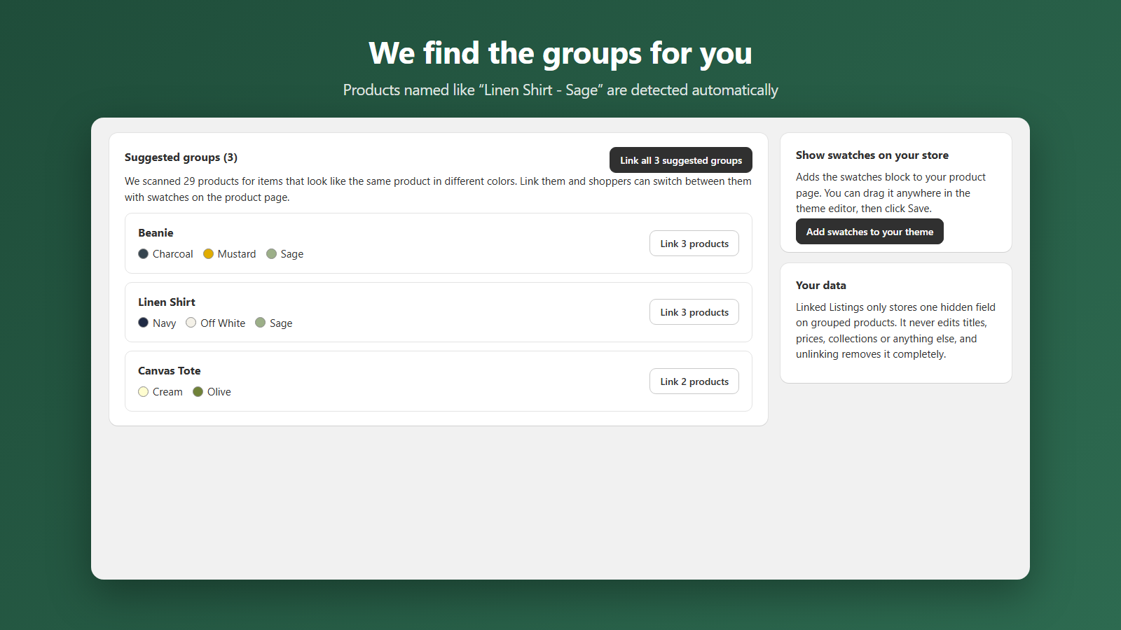 Suggested color groups in the Linked Listings admin