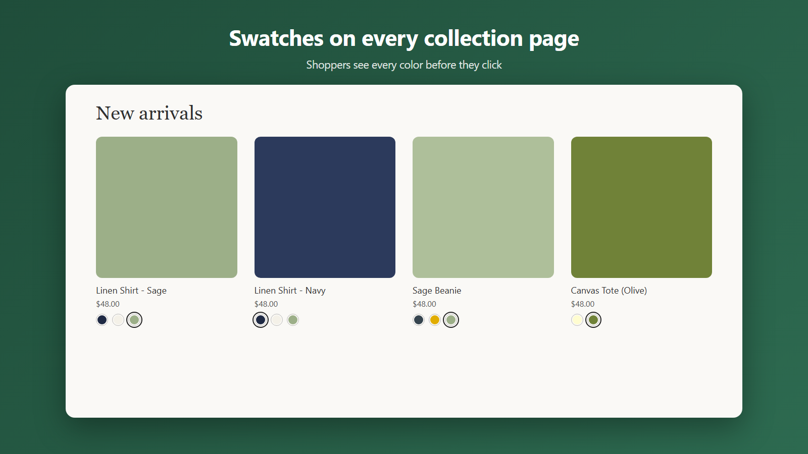 Collection page with color swatches under each product card